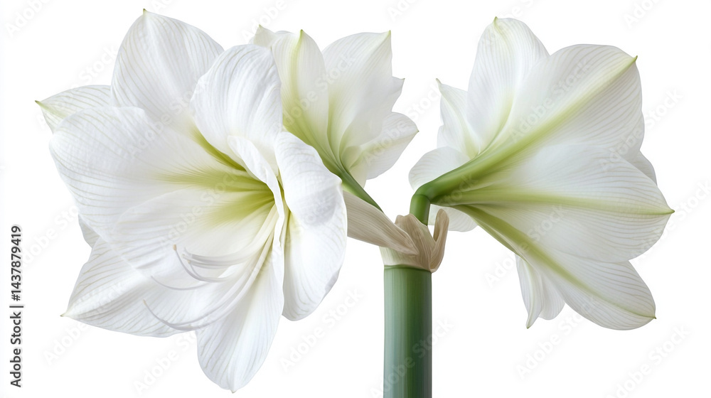 Fototapeta premium Pair of fresh pink roses with attached stems, isolated white background, fine natural texture,