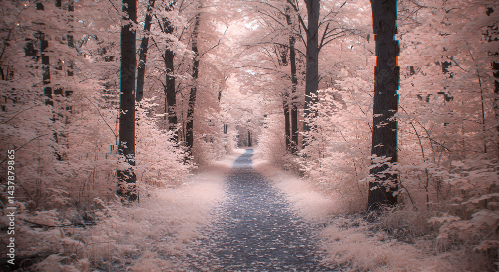 Naklejka premium Enchanted Forest Path In Pastel Colors Dreamy Woodland Scenery