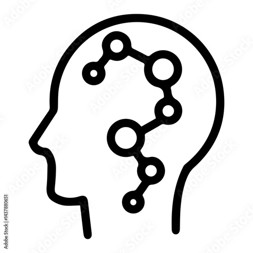 Profile outline of a head containing a molecule chain. Symbolizing science, knowledge, and the complexity of the mind. Minimalist black and white graphic