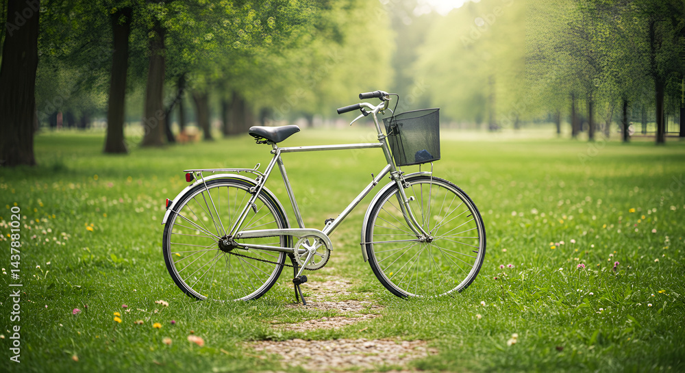 Fototapeta premium Vintage Bicycle On Green Grass In A Park On Summer Days