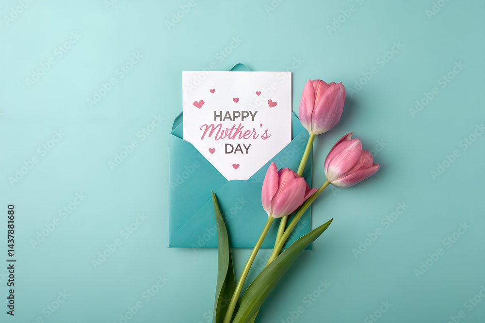 Fototapeta premium Mother's Day Card with Pink Tulips A Perfect Gift Idea