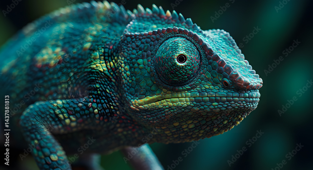Fototapeta premium Majestic Chameleon Portrait: A Teal Jewel of the Rainforest