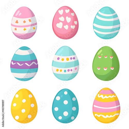 Nine decorated easter eggs with various patterns and colors on a white background.