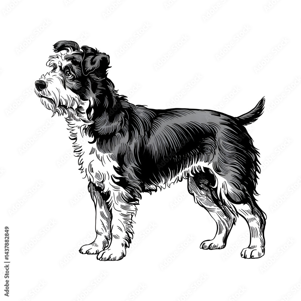 Dog illustration standing schnauzer breed with detailed fur and line work style Dog illustration standing schnauzer breed with detailed fur and line work style