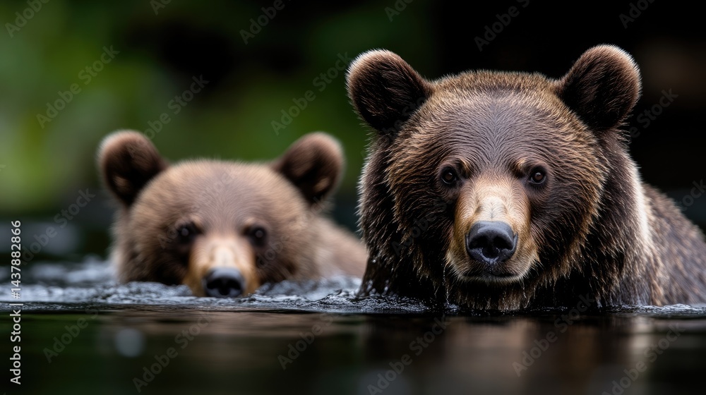 Fototapeta premium Two bears swimming in a river