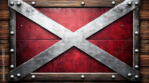 Red Metal Cross on Wood Panel.