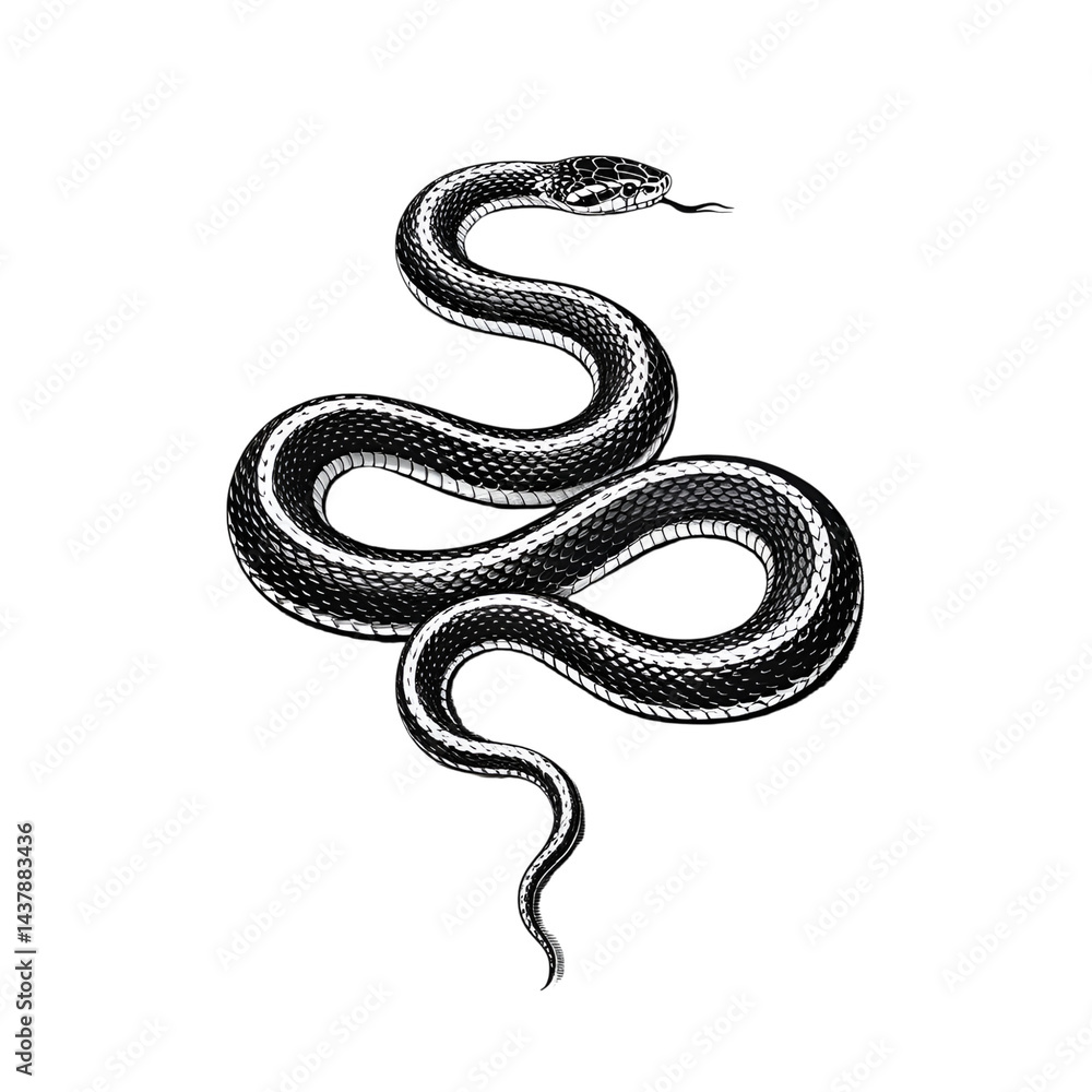 Obraz premium Coiled snake illustration with tongue sticking out, scales and monochrome