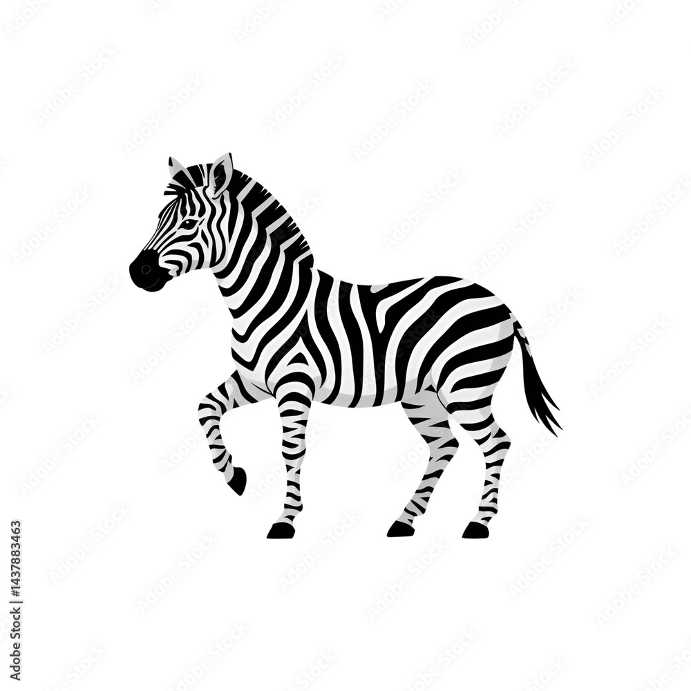 Naklejka premium Zebra illustration standing animal with black and white stripes, side view, isolated