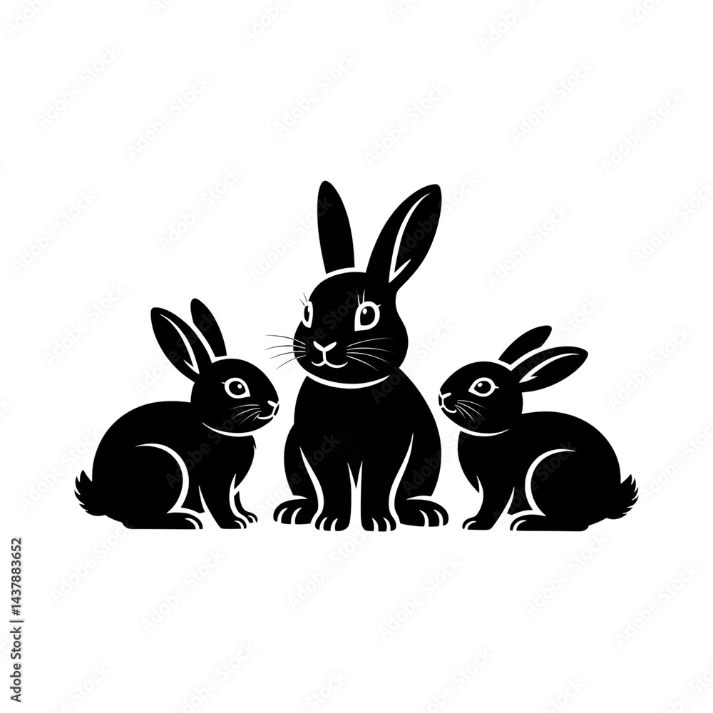 Fototapeta premium Three rabbits illustration, easter concept, family of bunnies, silhouette art