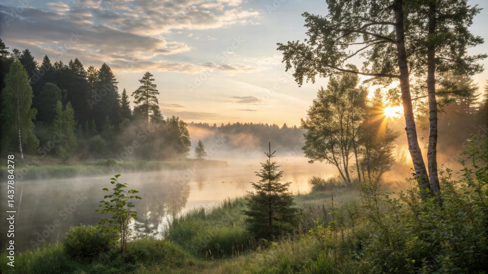 Obraz premium Misty Summer Morning Over Serene Lake and Lush Trees 