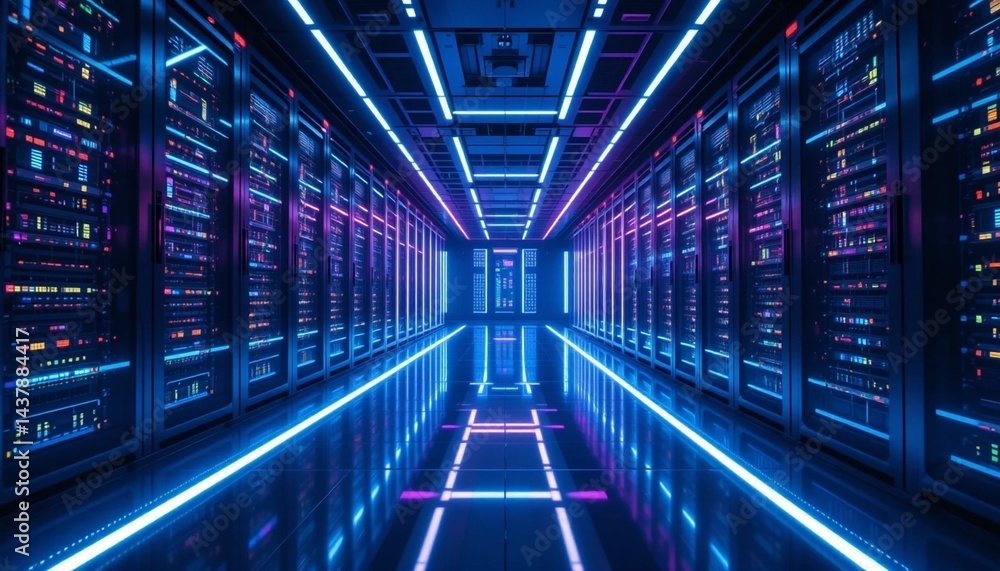 Fototapeta premium Futuristic Data Stream in Server Room with Neon Light Trails and Digital Technology.