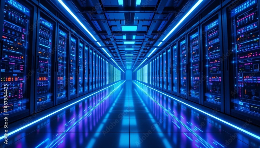 Futuristic Data Stream in Server Room with Neon Light Trails and Digital Technology. Futuristic Data Stream in Server Room with Neon Light Trails and Digital Technology.