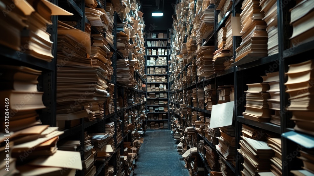 Obraz premium Archive storage with rows of metal shelving overflowing with documents and books.