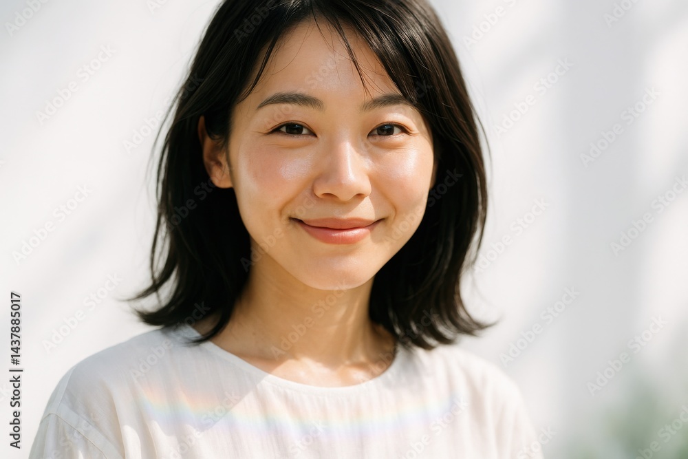 背景が白い壁の笑顔の若い日本人女性のポートレート 背景が白い壁の笑顔の若い日本人女性のポートレート