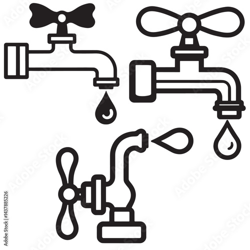 Minimalistic illustration showing water taps with drops ideal for plumbing water conservation freshwater supply saving resources and environment protection themed creative designs