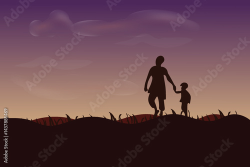 Family silhouette father with his son in sunset, Father's Day concept, vector illustration design background