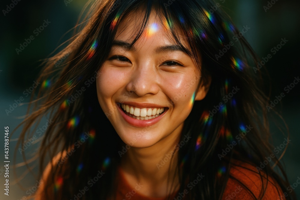 太陽光がプリズムのように輝く笑顔の美しい若い日本人女性のポートレート 太陽光がプリズムのように輝く笑顔の美しい若い日本人女性のポートレート