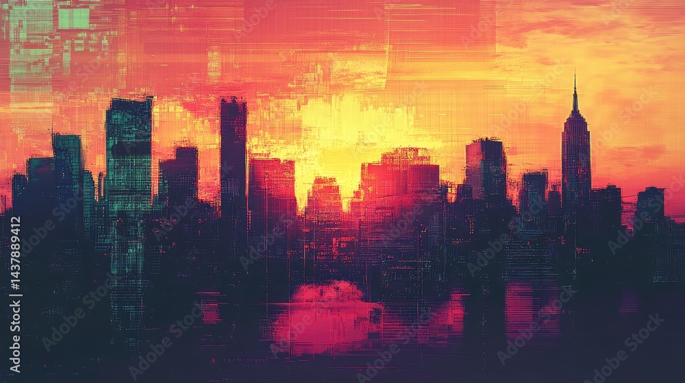 Obraz premium Sunset cityscape, glitch art effect