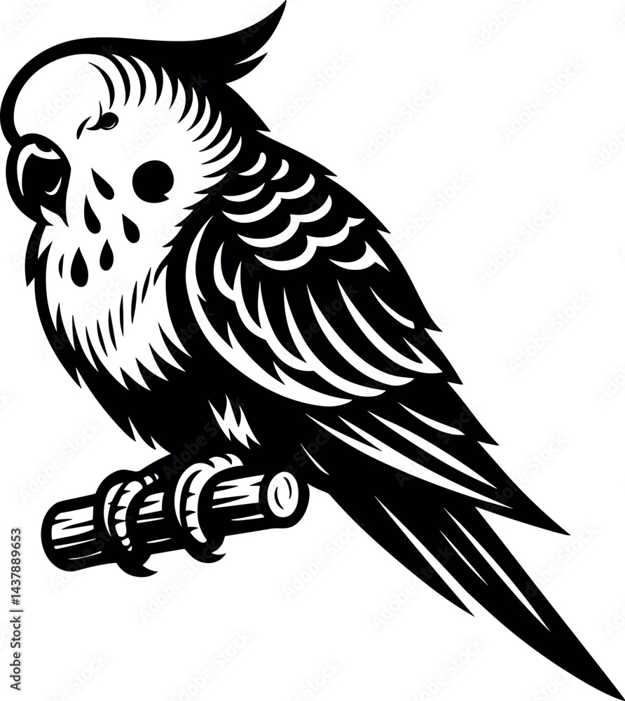 Obraz premium Cockatiel Bird Perched on Branch Vector Black Silhouette Cricut Print Design Isolated on a Plain White Background