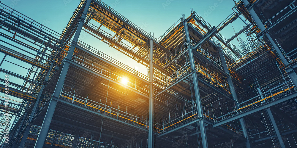 Fototapeta premium modern industrial construction site showcasing steel framework with sunlight streaming through