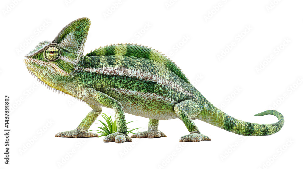 Fototapeta premium A Stunning Green Chameleon Displaying its Vibrancy on a Pure White Background for Artistic and Creative Use