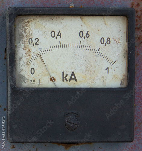 Close-up of a square analog ammeter 0 to 1 kA (kiloampere)