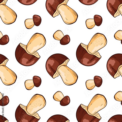 Seamless pattern of mushroom boletus in cartoon for children textile and decor. Decorative backdrop for wallpaper, textile, wrapping, fabric. Vector illustration.