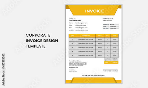 Corporate business invoice template design. Minimal Corporate Business Invoice design template vector illustration. Bill form price invoice.
