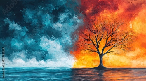 Nature's duality a surreal tree amidst air and water elements conceptual landscape vibrant environment