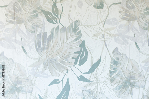 Delicate floral wallpaper with pastel blue and green leaves creating a serene, botanical aesthetic. Elegant home decor.