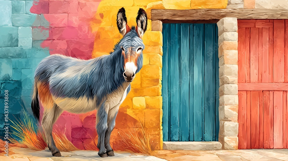 A gentle, soft-textured donkey standing next to a pastel-colored wall, creating a charming, whimsical, and heartwarming rural scene.
