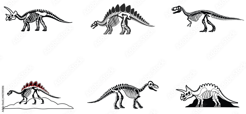 Naklejka premium Dinosaur skeleton standing unique hand drawn line art silhouette vector set design