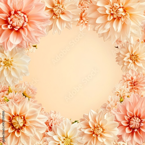 A soft peach-colored background bordered with a delicate floral frame made of small dahlia blossoms and lush green leaves.