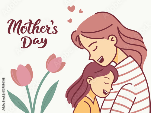 Mother's Day Mother and Child Embrace with Tulips Illustration.