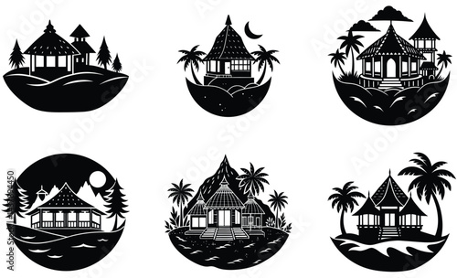 Eco resort unique silhouette black vector art set design