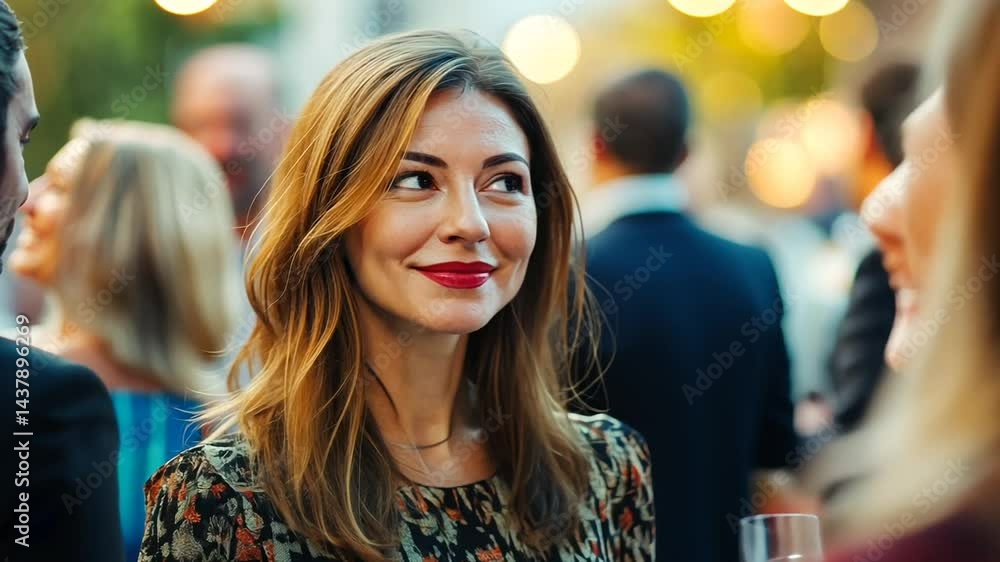 Woman smiling at an outdoor social gathering event Woman smiling at an outdoor social gathering event