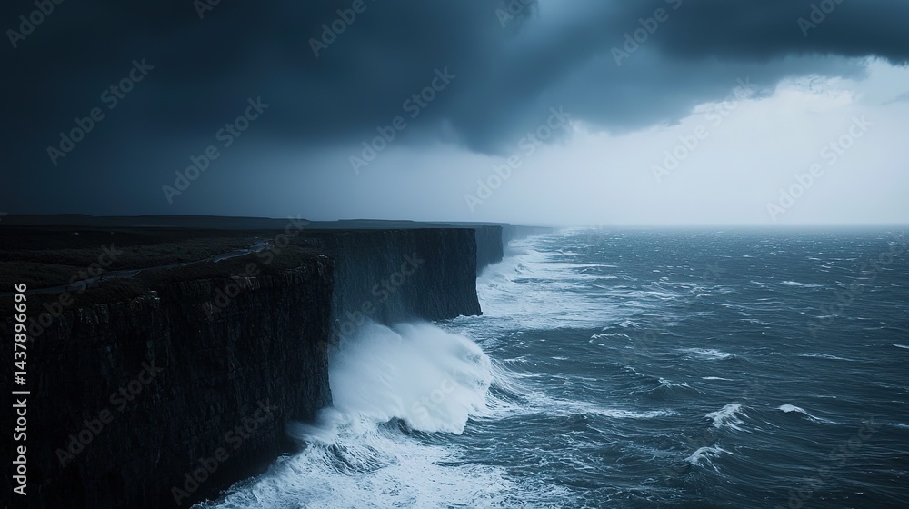 Stormy cliffside waves crash dramatically under dark skies in gigapixel scale photography Stormy cliffside waves crash dramatically under dark skies in gigapixel scale photography