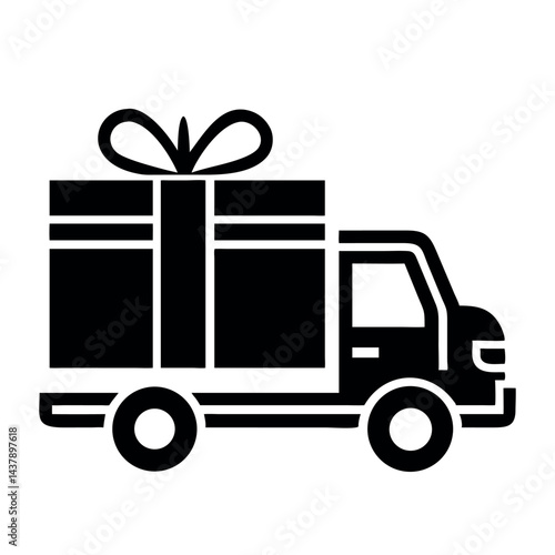 A cartoon delivery truck, a vibrant vector illustration of freight transport, carries a gift box for a speedy shipping service.
