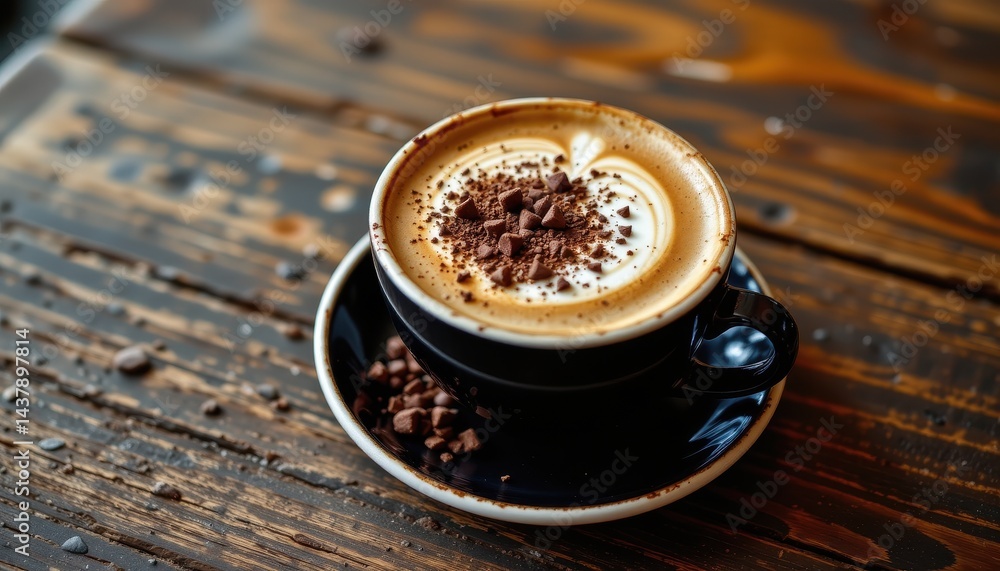 Hot frothy cappuccino with rich chocolate sprinkles served on a rustic wooden table Hot frothy cappuccino with rich chocolate sprinkles served on a rustic wooden table