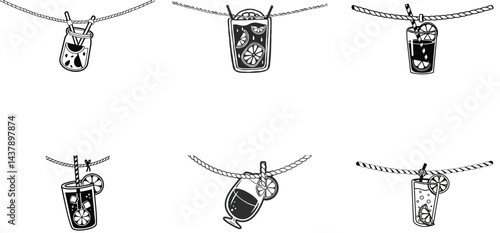 Glass of lemonade in a rope unique hand drawn line art silhouette vector set design