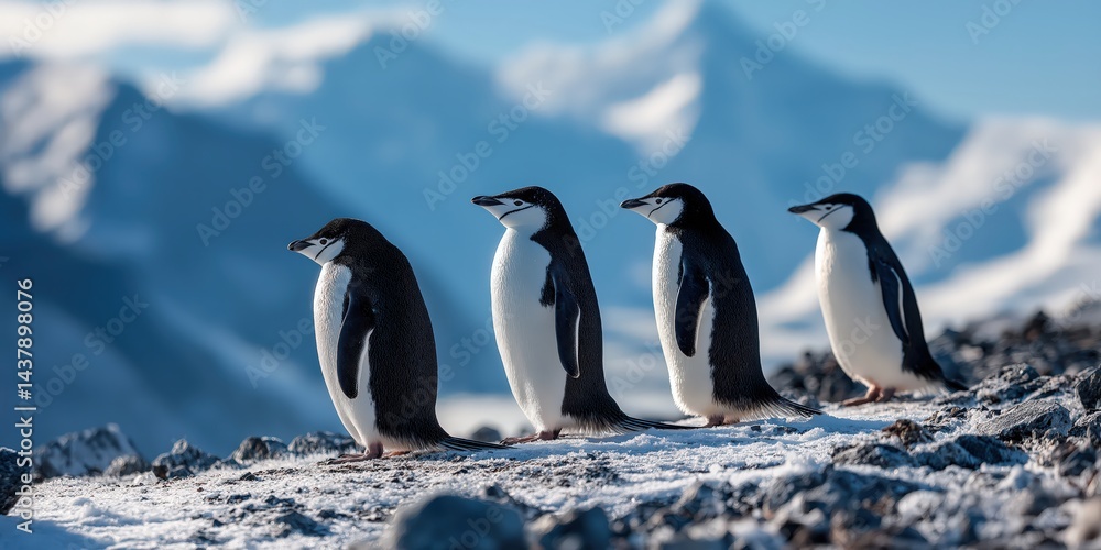 Obraz premium Four penguins standing on a snowy landscape, Antarctic habitat, showcasing their distinctive black and white feathers, serene scene.