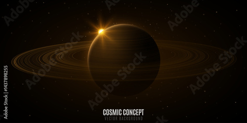 Galaxy science fiction background. Planet Saturn with ring around and glowing sun. Abstract deep cosmos concept. Black outer space. Scientific research presentation backdrop. Vector illustration