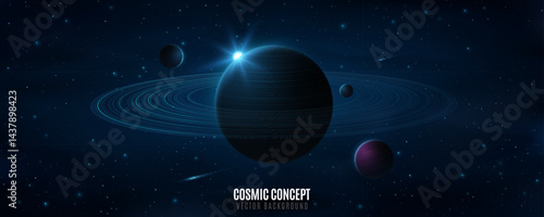 Cosmic background with planets against the backdrop of shining stars. Abstract planet Saturn with ring around. Scientific presentation backdrop for forum or conference. Vector illustration