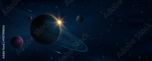 Galaxy background with planets and sunlight against the backdrop of shining stars. Abstract planet with ring around. Starry night sky. Scientific research presentation backdrop. Vector illustration