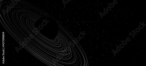 Minimalistic abstract backdrop with stylized geometrical planet. Black hole concept with ring around and stars. Astronomy presentation cover. Vector illustration