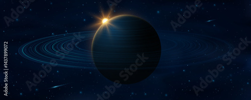 Cosmic science background. Abstract blue planet Saturn with ring around and glowing sun. Deep cosmos concept. Black outer space. Scientific presentation backdrop. Vector illustration