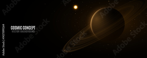 Galaxy science background. Planet Saturn with ring around and glowing sun. Abstract deep cosmos concept. Black outer space. Scientific presentation backdrop. Vector illustration