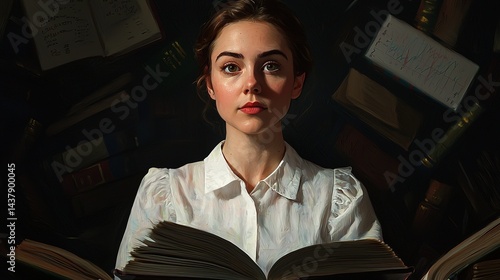 Intelligent expression in portrait lighting of a woman reading books studio environment artistic close-up