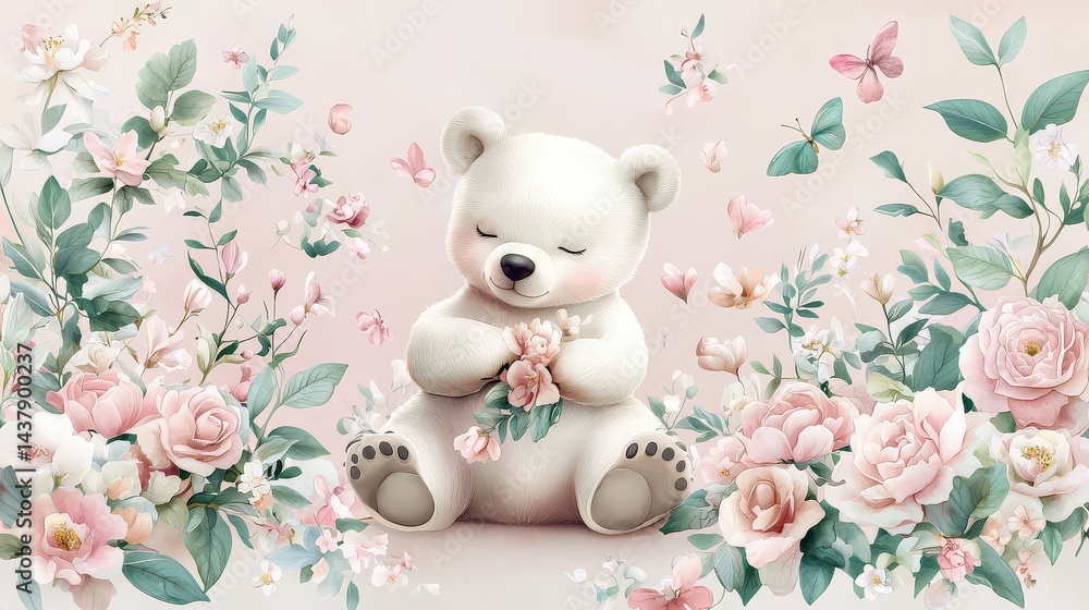 Obraz premium A serene bear character in a soft, watercolor style, surrounded by pastel hues and delicate florals