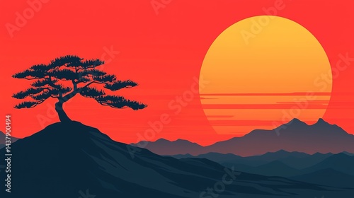 Lone tree silhouette on hilltop at sunset nature scene gigapixel quality serene environment artistic viewpoint